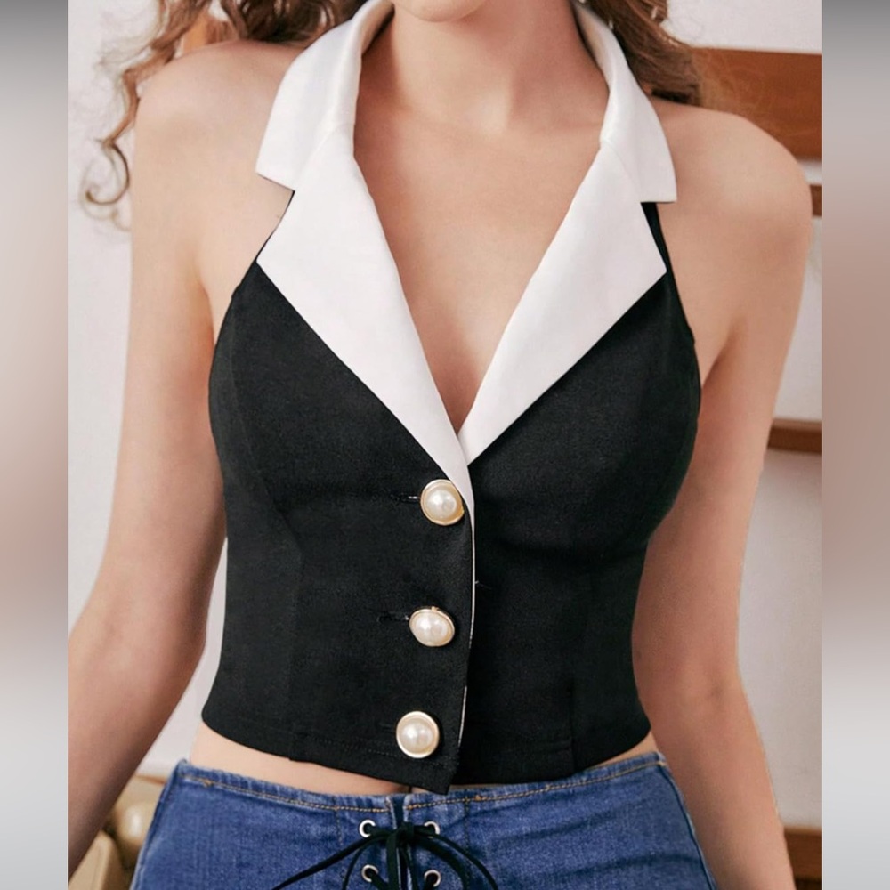 Color-block and pearl halter